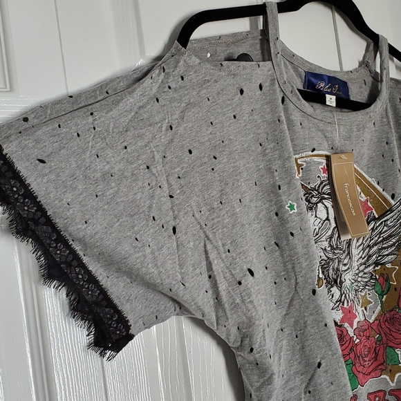 Francesca's Blue Rain Unicorn Cold Shoulder Top - Picture 4 of 6